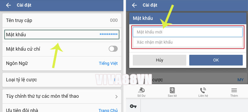 đổi mật khẩu trên viva88
